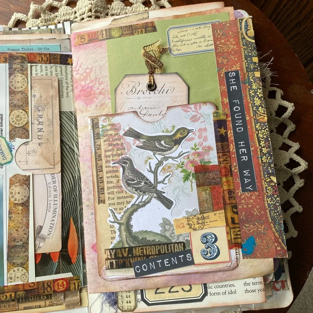 NWT Vintage Hand Crafted Mixed Media Lady & Birds Art in Green and Brown